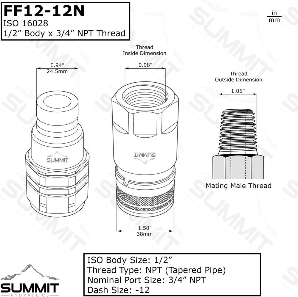 Summit Hydraulics 3/4" NPT Skid Steer Flat Face Hydraulic Quick Connect
