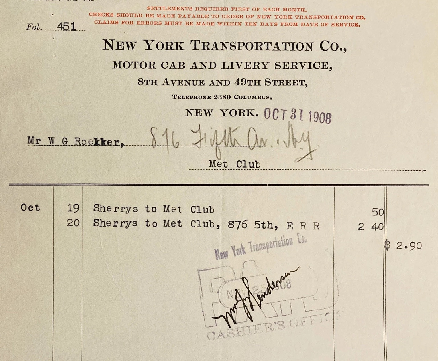 1908 BILLHEAD~(PC1)~N.Y. CAB & LIVERY SERVICE, 8th AVE. NYC. SHERRYS TO MET CLUB