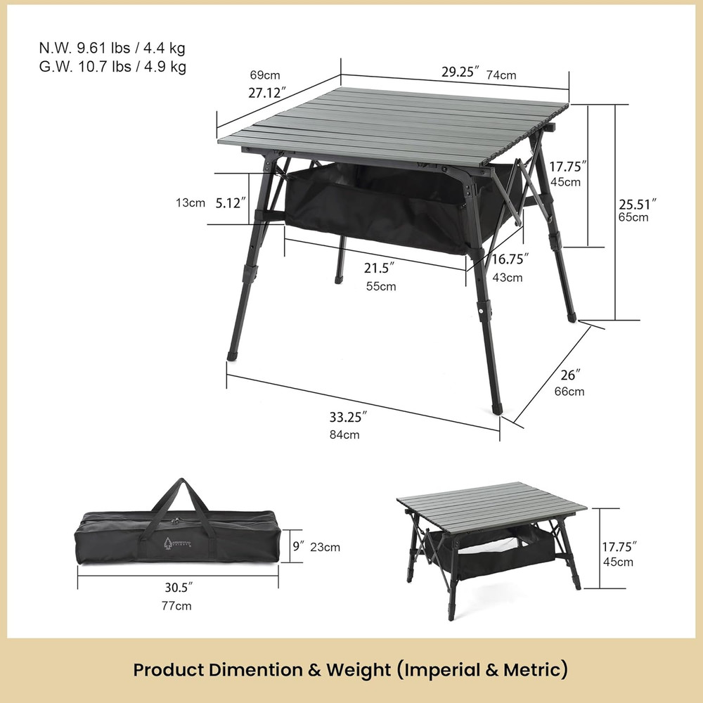 39" Aluminum Folding Camp Roll up Table W/Adjustable Height, Undertable Mesh Sto