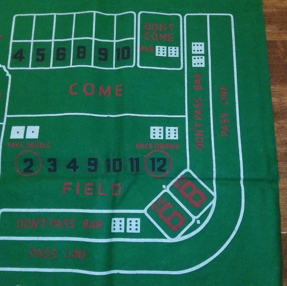 Vtg. E.S. Lowe Nevada Craps Layout Cloth, Dice, Book.