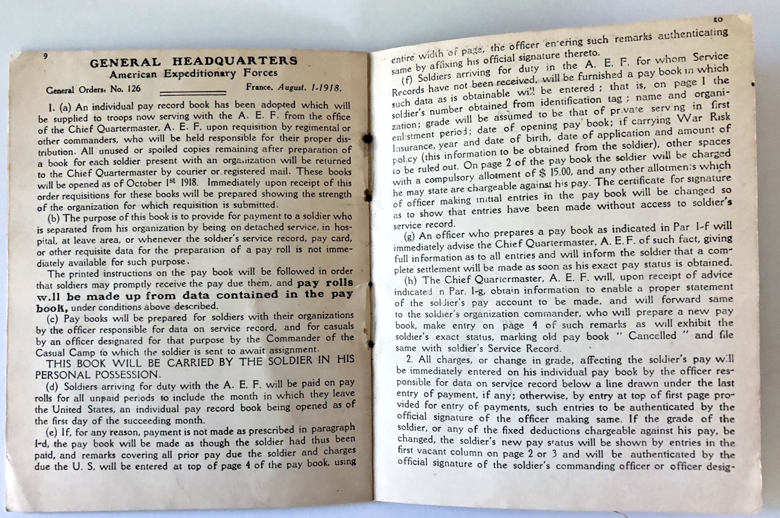 WWI American Expeditionary Forces 1918 Soldier’s Individual Pay Record Book