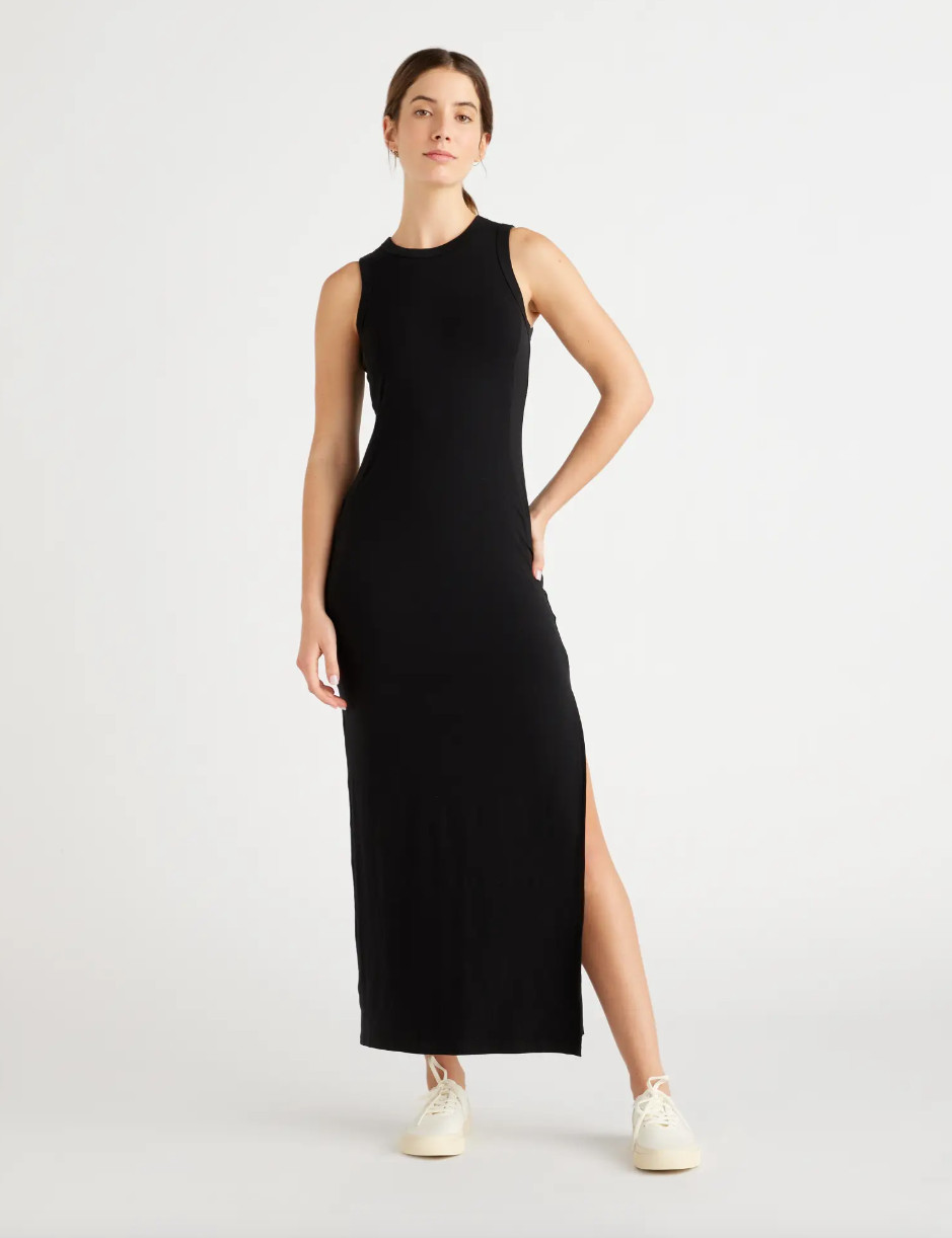 Quince Women’s Black Tencel Jersey Tank Maxi Dress sz S NWT Side Slit Sleeveless