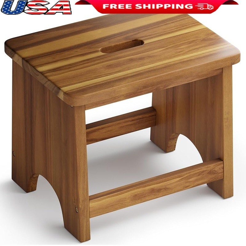 Acacia Wood Step Stool Sturdy Construction Non-Slip Handle Multipurpose Use
