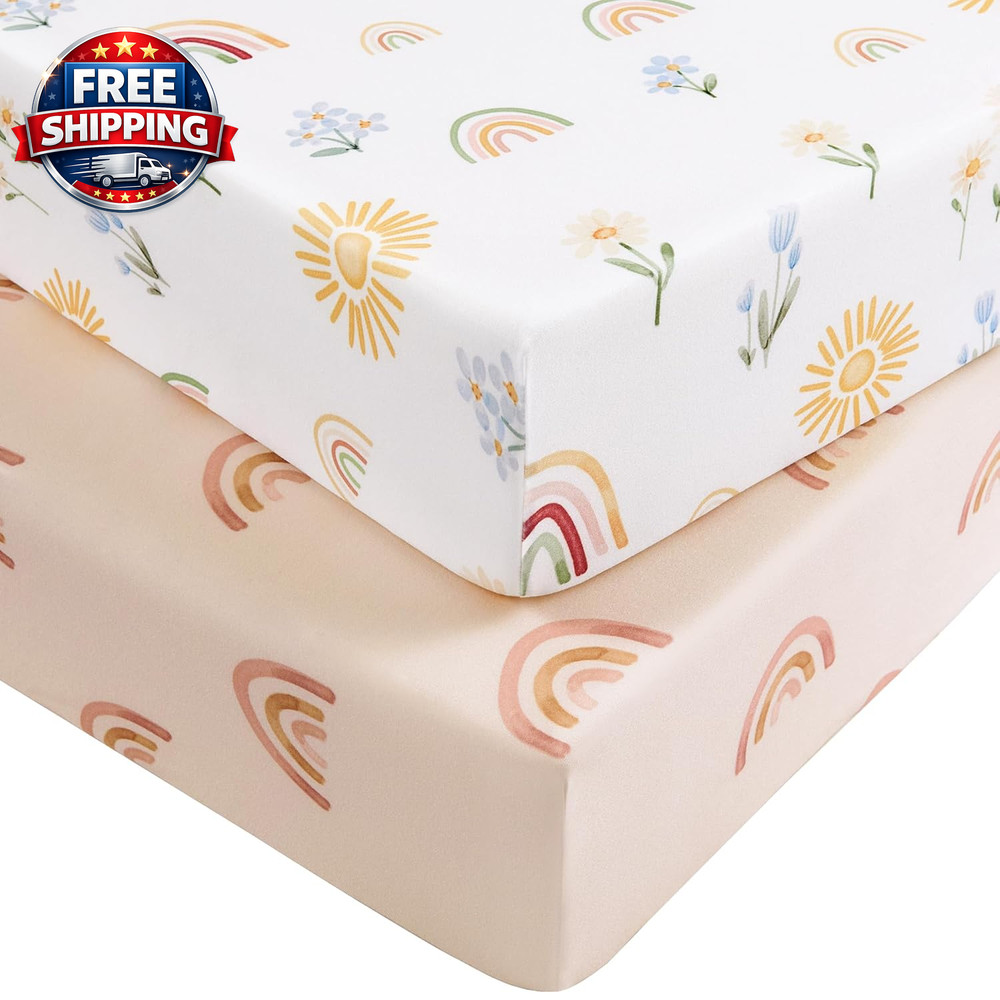Soft Microfiber Baby Crib Sheets 2-Pack - Orange Rainbow, Fitted 52" x 28