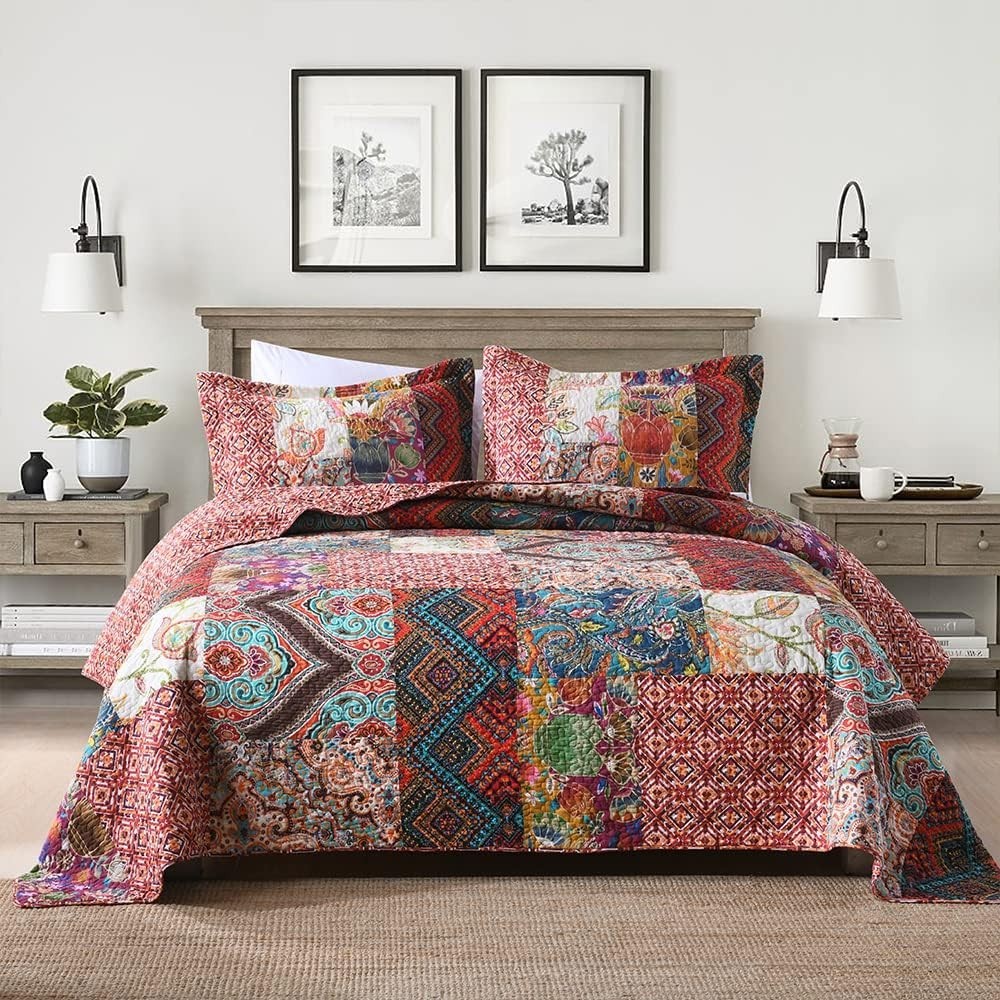 Cotton Patchwork Bedspread Quilt Sets, Reversible Bedding Coverlet Sets, Red ...