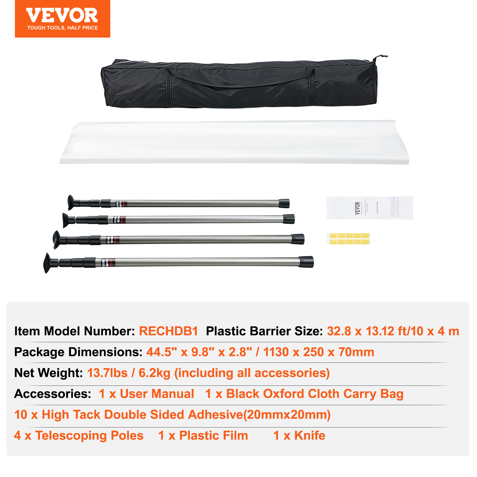 VEVOR Dust Barrier Poles 10 Ft with Four Telescoping Poles Dust Barrier System