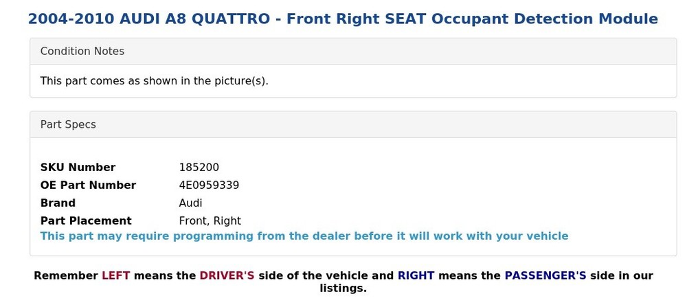 2004-2010 AUDI A8 QUATTRO - Front Right SEAT Occupant Detection Module