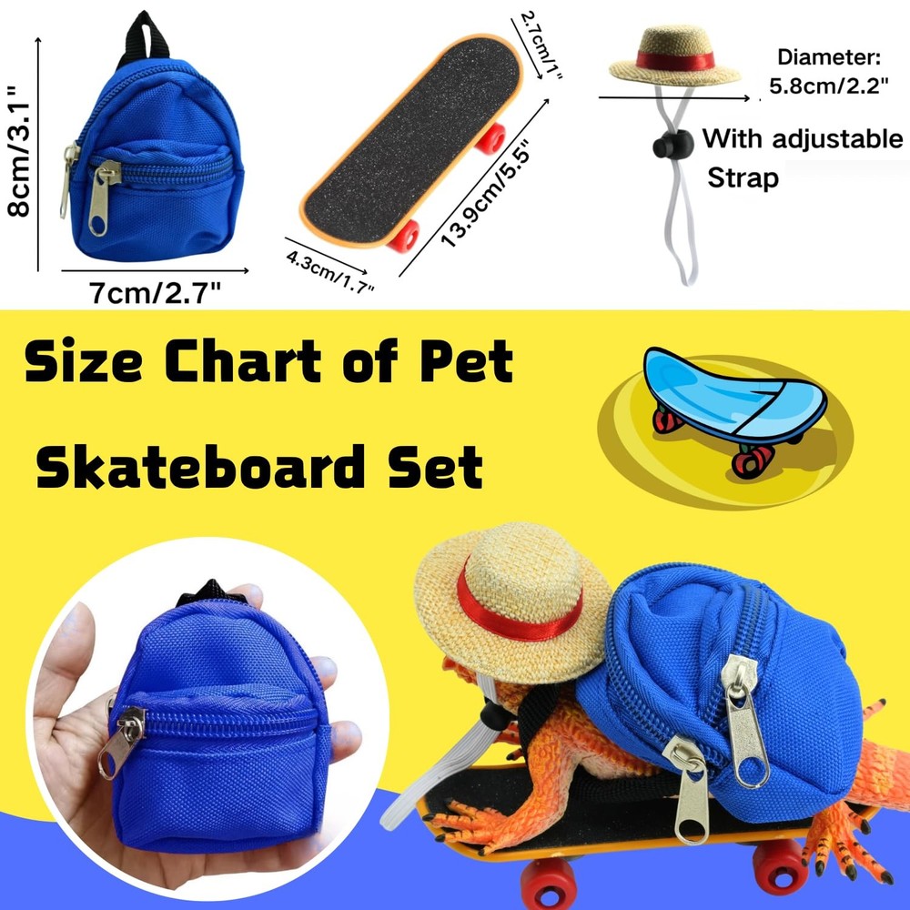 3 Pack Bearded Dragons Lizard Backpack Adjustable Hat and Mini Skateboard Fit...
