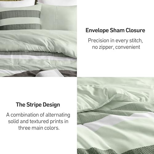Comforter Set, 3 Pieces Striped Bed Set, Soft Brushed Microfiber King Sage