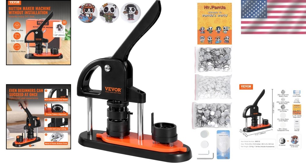 Button Maker Machine - Complete DIY Kit with Panda Magic Book, 1.25'' Size, B...