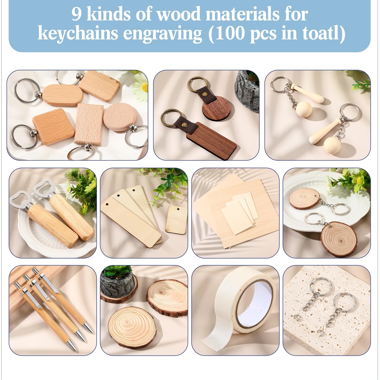 100 Pcs Laser Material Kit Engraving Blanks Wooden Keychains Blanks Set Laser Cu