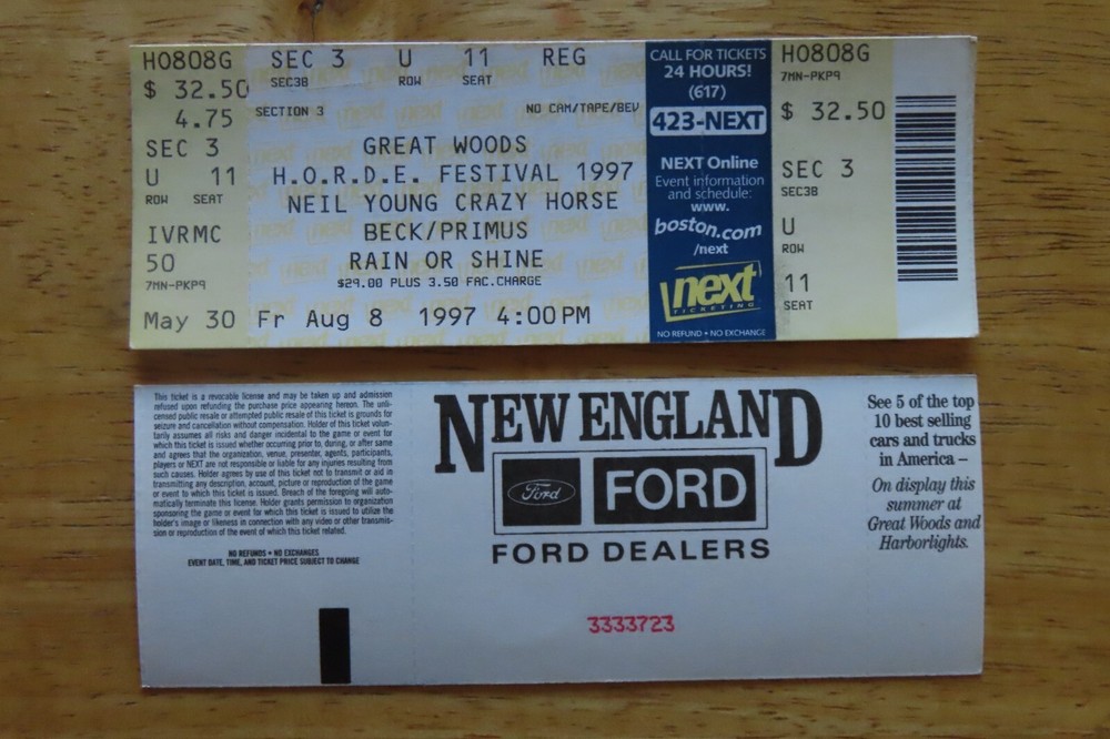 UNUSED H.O.R.D.E. FESTIVAL August 8, 1997 Concert Ticket NEIL YOUNG BECK PRIMUS
