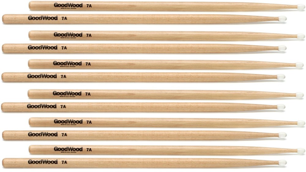 Goodwood US Hickory Drumsticks 6-pair - 7A - Nylon Tip (2-pack) Bundle