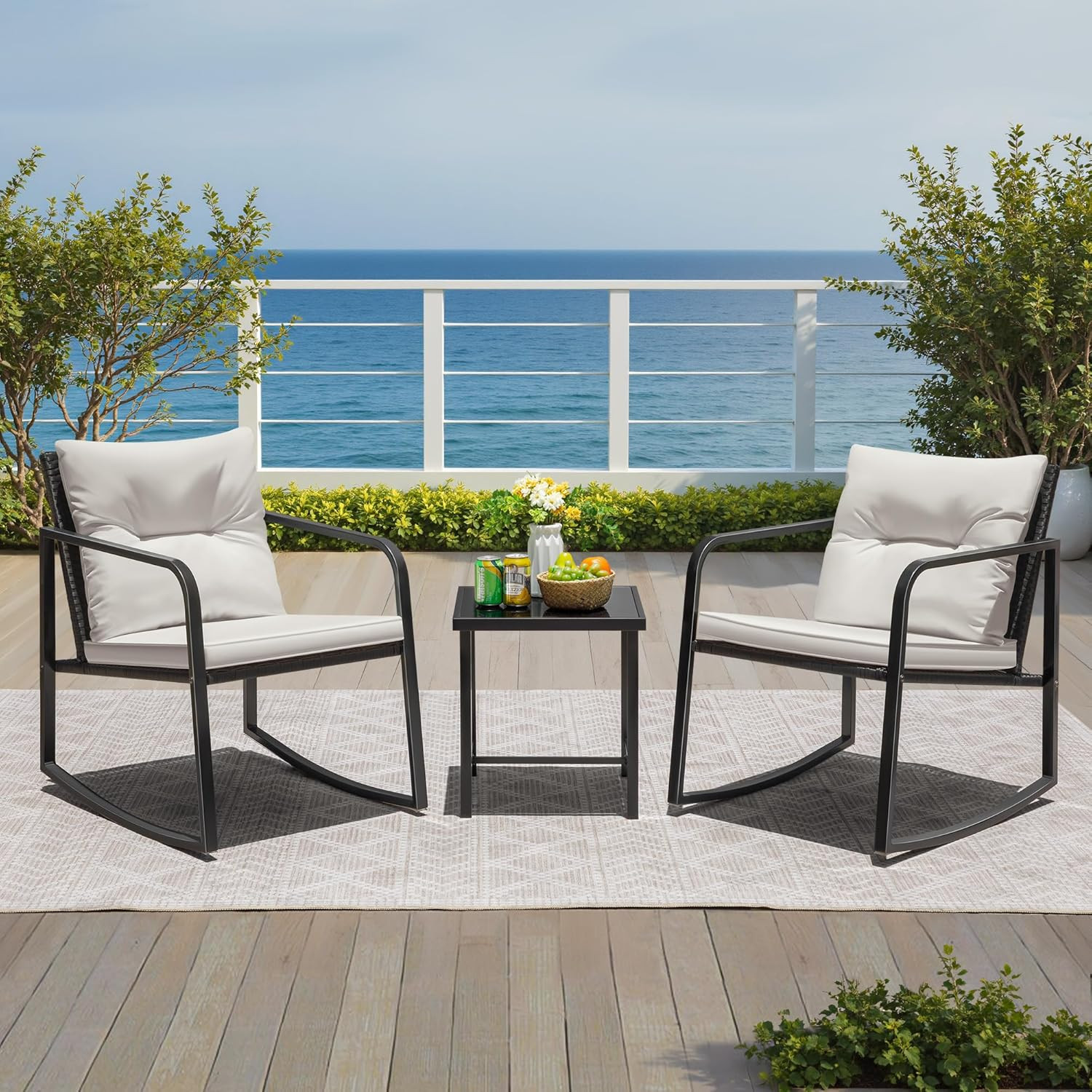 3 Pieces Rocking Wicker Bistro Set, Patio Outdoor Furniture Conversation Sets wi