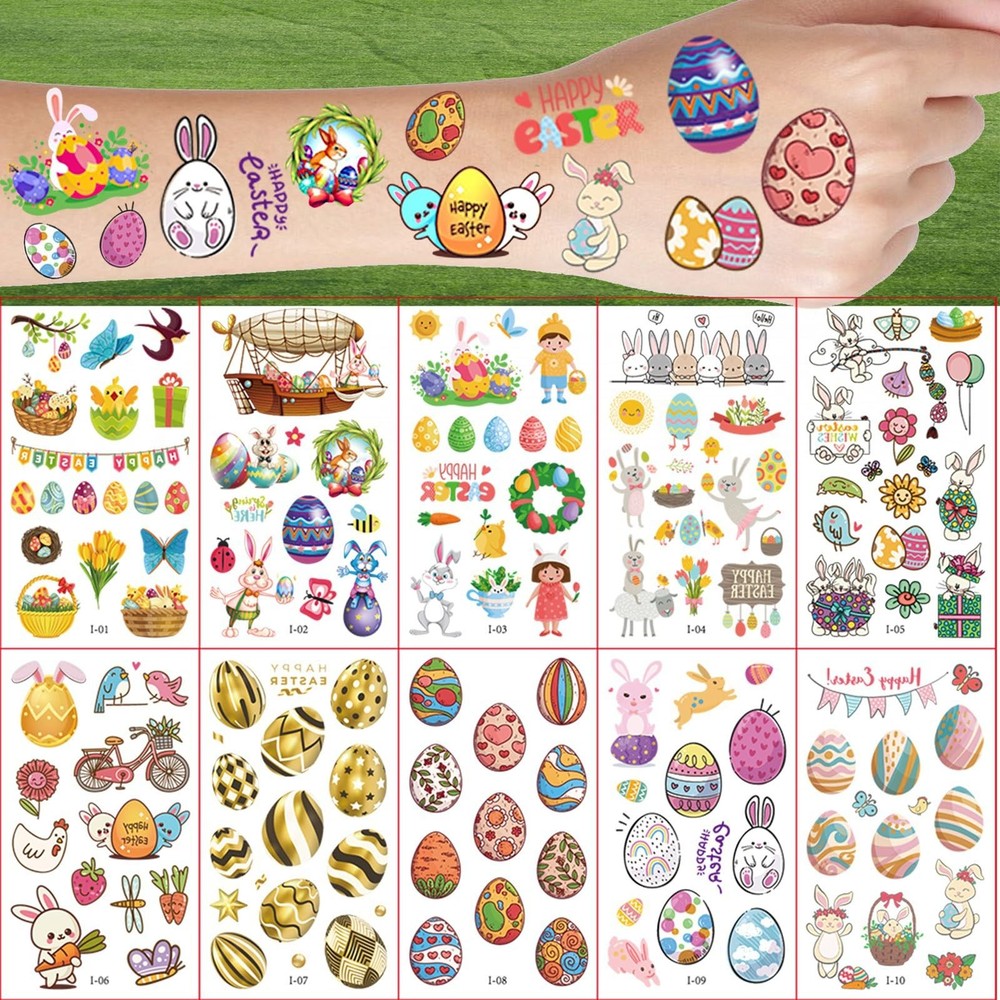 10 Sheets Easter Temporary Tattoos For Hand Face Small, Colorful