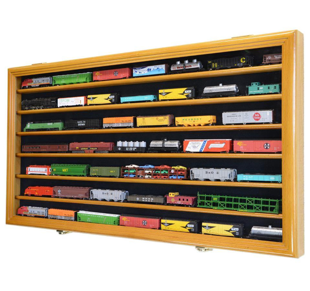 N Scale Model Train Display Case Lockable Collection Shelf Cabinet Oak Finish
