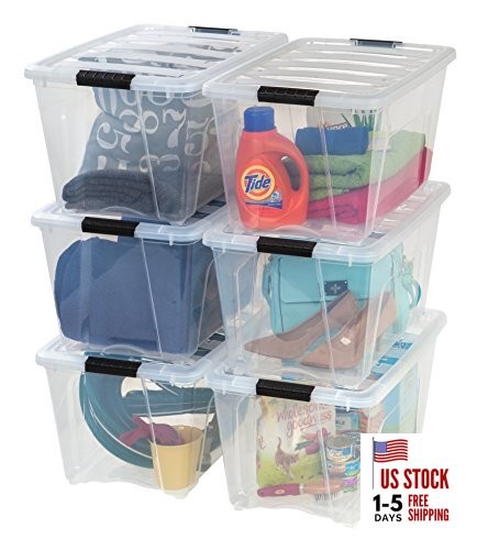 IRIS USA Stackable Plastic Storage Bins with Lids - BPA 54 Qt Clear 6 Pack