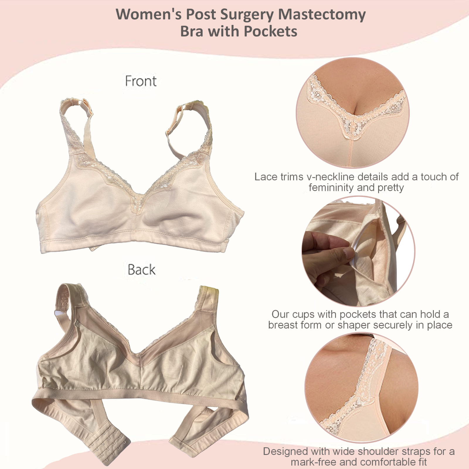 Plus Size Post-Surgery Mastectomy Bra Full Cup Wireless Compression with Pockets