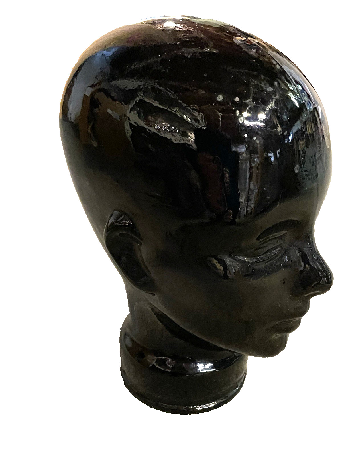 VTG Pier 1 Black Art Glass Mannequin Head Bust Wig Hat Display Made in Spain 11”
