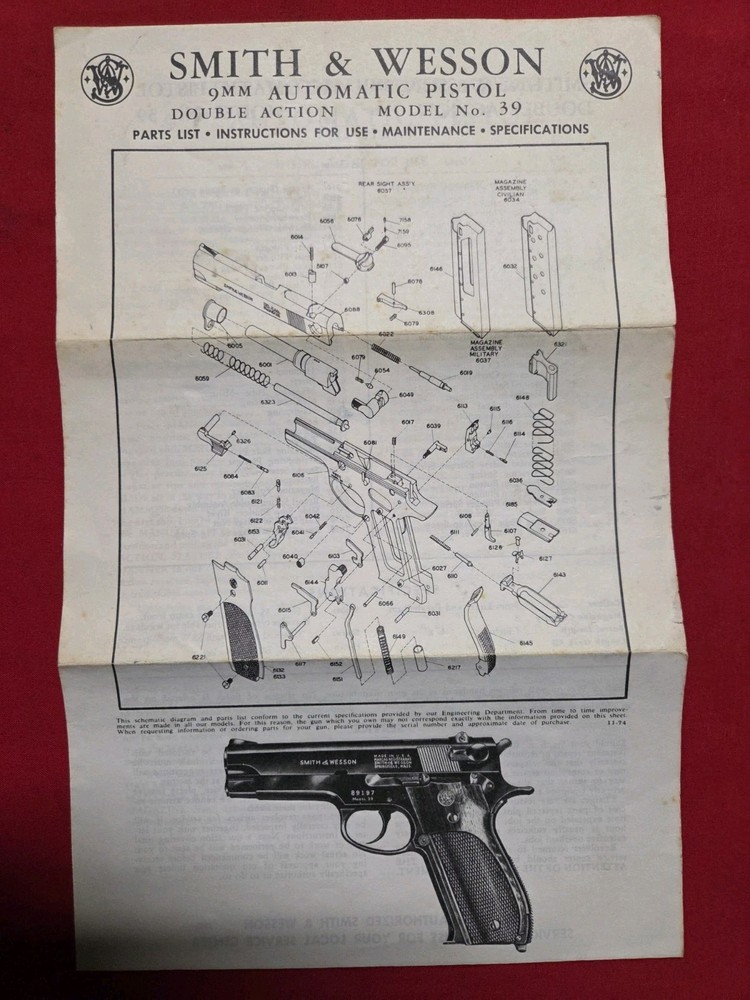 Original Smith And Wesson Model 39 Instructions/Maintenance. Dated 2/78.
