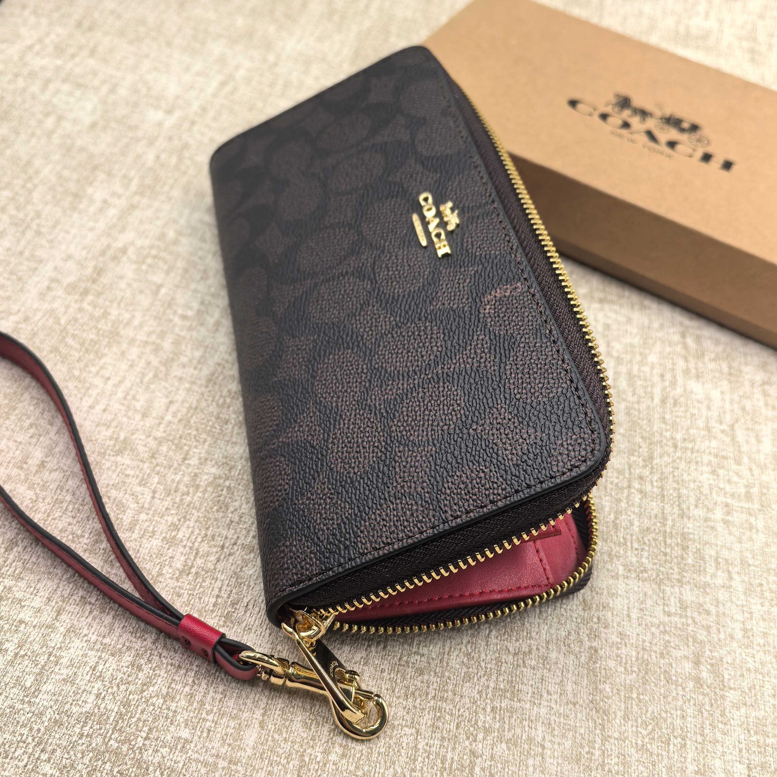 New Coach CW778 Long Zip Around Wallet in Signature Canvas Walnut and Bold Red