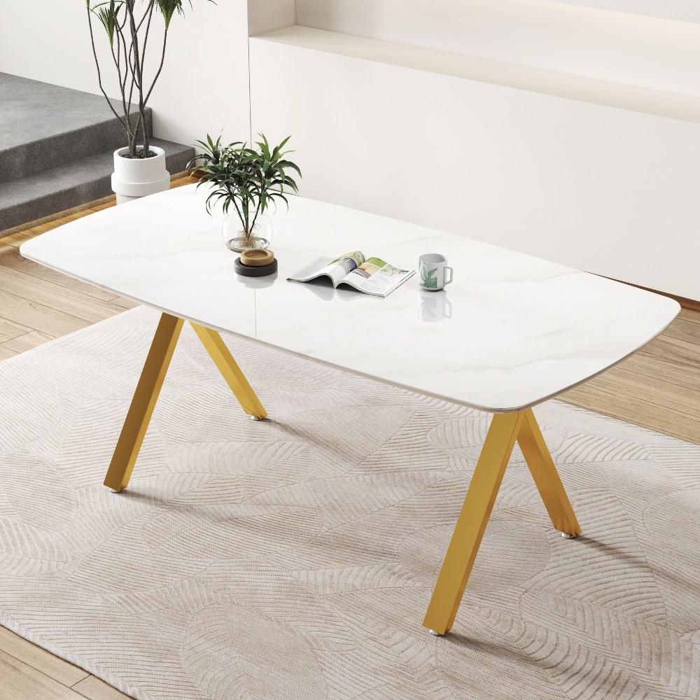 Rectangular Dining Table Modern Tempered Glass Kitchen Table w/metal legs