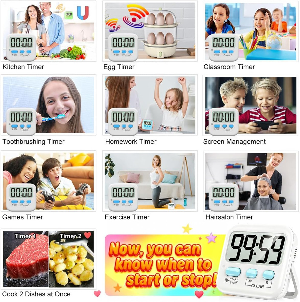 2 Pack Digital Timer for Kids, Magnetic Countdown Kitchen Timers for Cooking, Eg