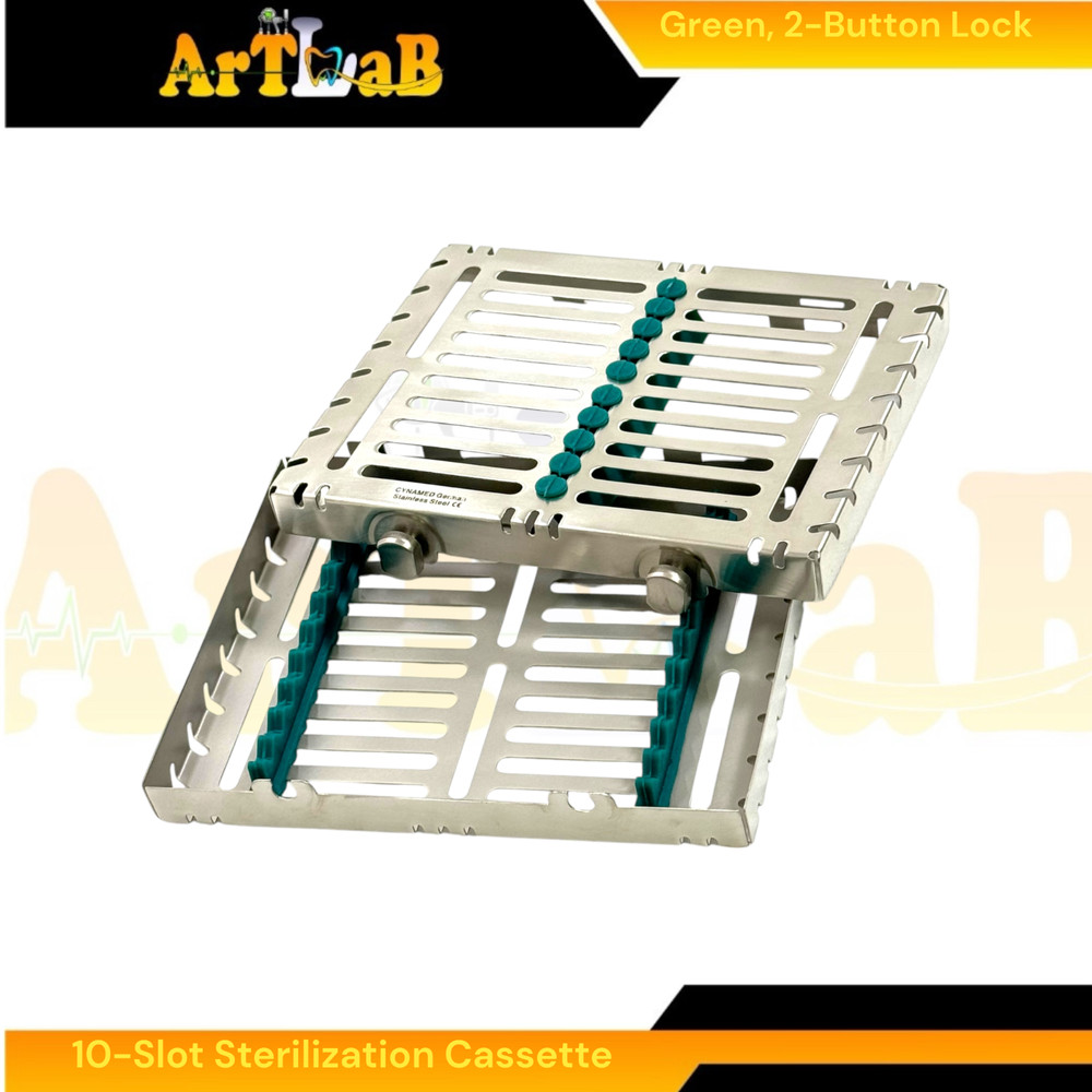2 Count, Sterilization Cassette Boxes with Detachable Lid, Lockable,Green+Orange