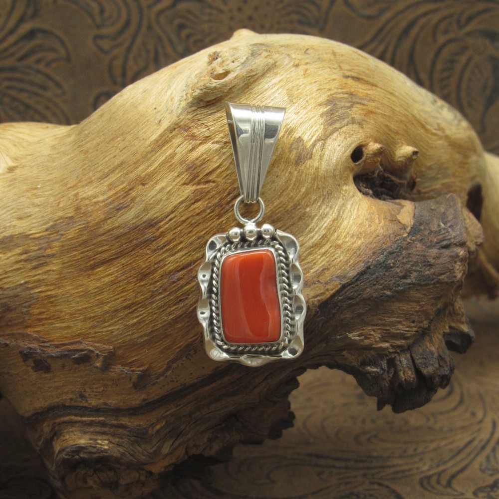 *Sterling Silver Rectangular Coral Pendant With Silver Designs