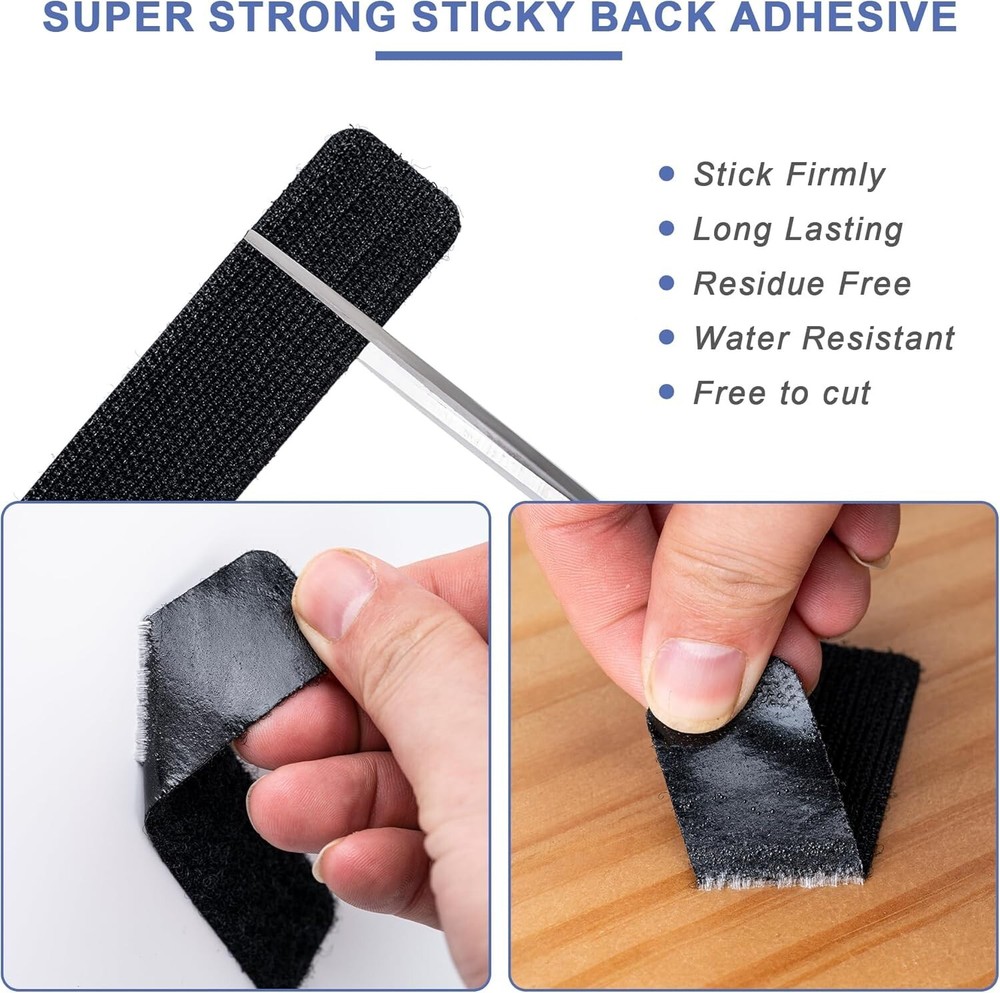 20 Sets Heavy Duty Hook & Loop Adhesive Strips: Sticky Back Fastener 2x4” Black