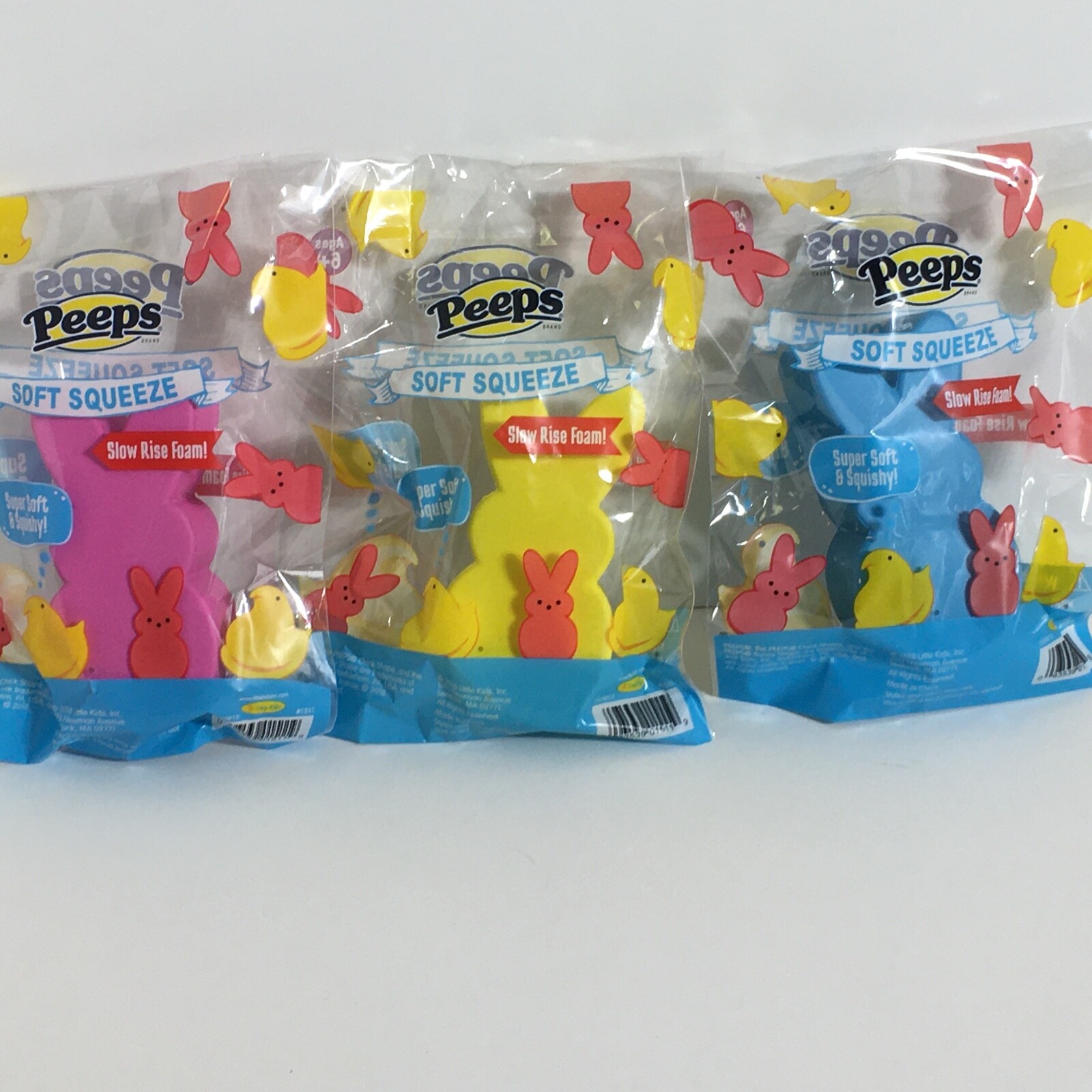 Peeps Bunnies Toy Soft Squeeze Lot of Three Blue Pink Yellow Squishy Easter