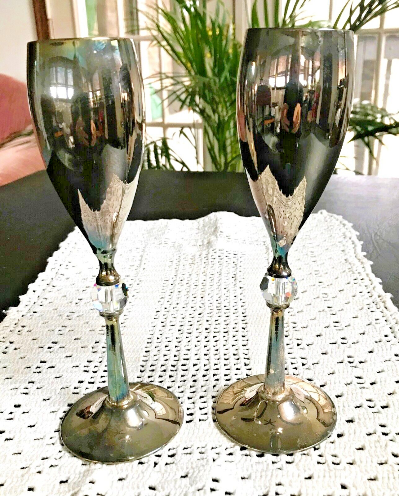 2 Vintage Silver Plated Wine  Goblets w Crystal Bead in Footed Stem