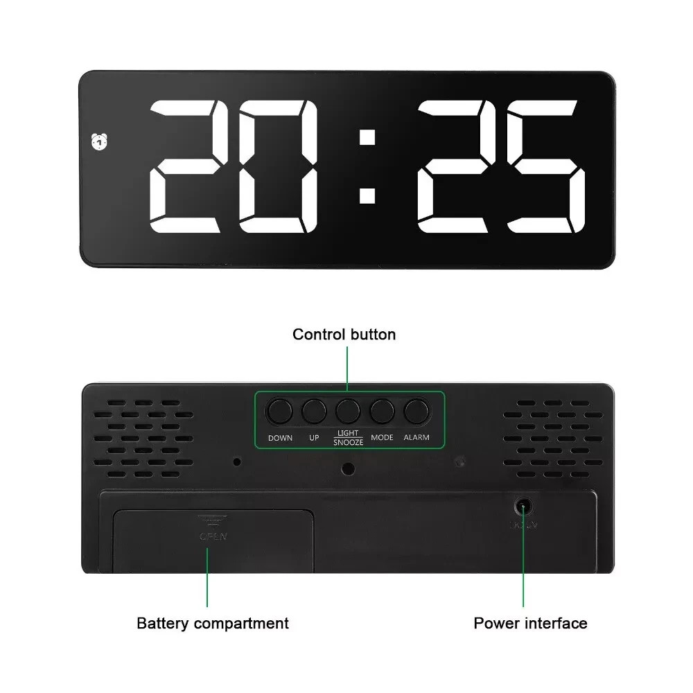 Digital LED Desk Alarm Clock Large Mirror Display USB Snooze Temperature Mode