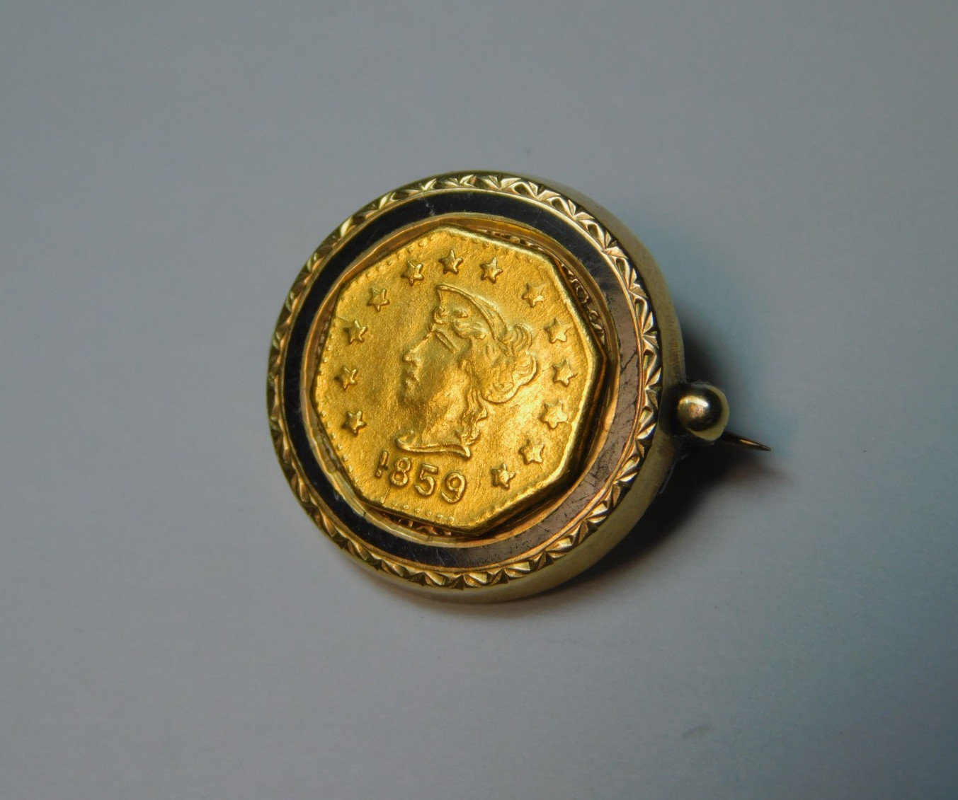 VERY UNUSUAL 1859 CALIFORNIA GOLD PIECE ON ENAMELED 10k GOLD PIN! FREE SHIPPING!