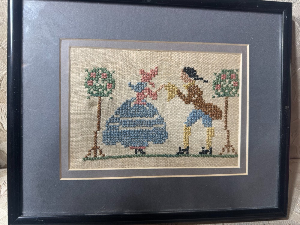 Vintage Needlepoint "A Couple Scene" - Framed