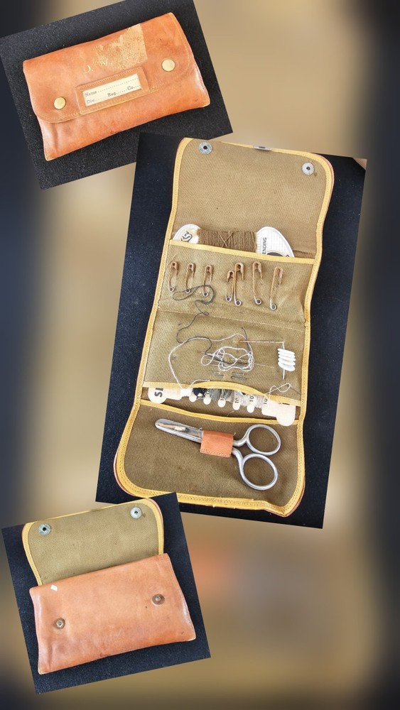 Vintage WW2 Leather Tri-fold Pouch Sewing Kit With Name Plate & Initials