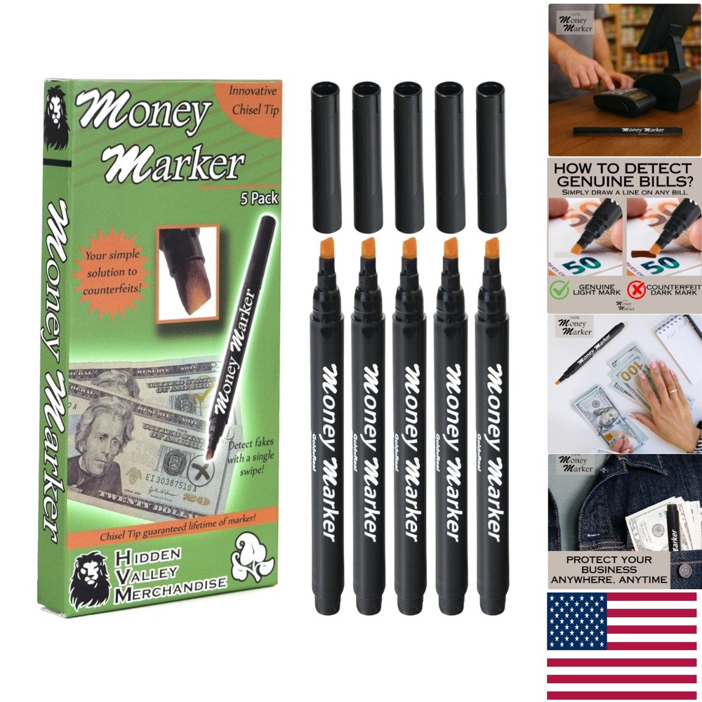 5 Count Chisel Tip Counterfeit Currency Detector Pens - Reliable & Easy