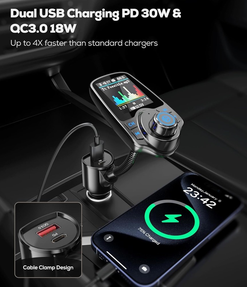Bluetooth Car Adapter with Color Screen, Dual Fast Charging