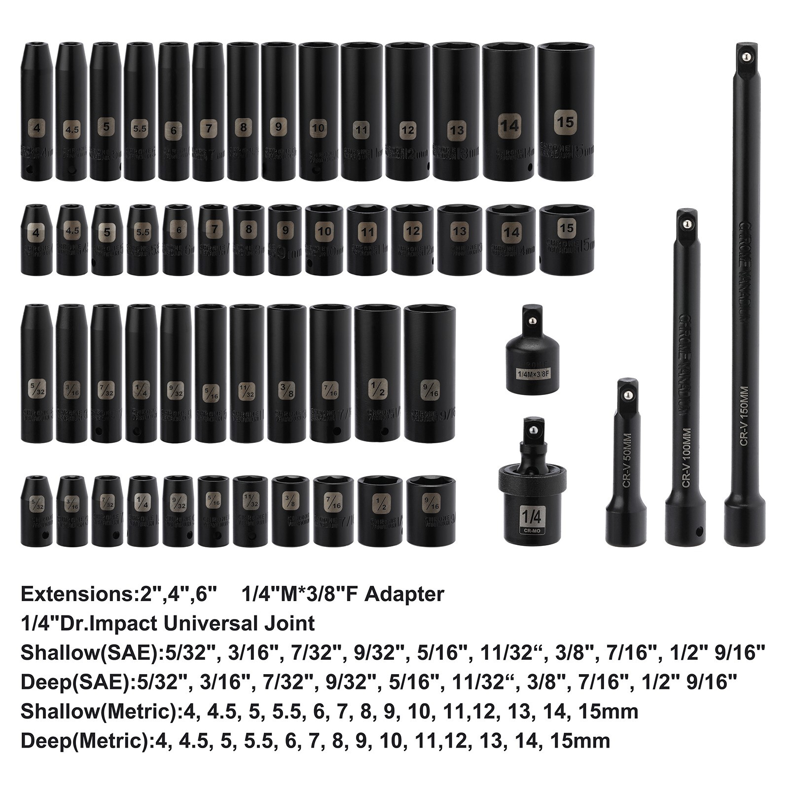 1/4" Drive Impact Socket Set, 55 Pieces Metric & SAE Sockets , Shallow & Deep
