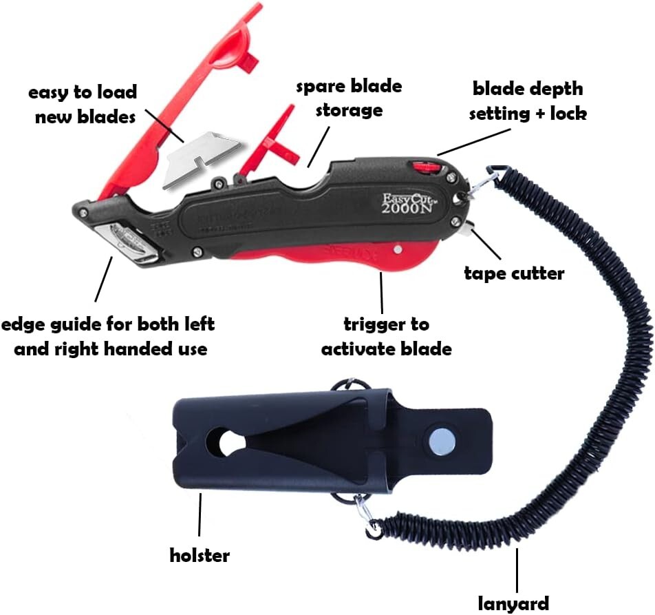 Easy Box Cutter 2000 Red with 10 Replacement Blades, Secure and Precise Cutting