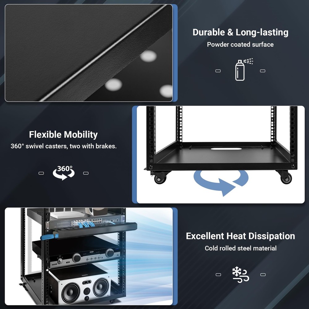 15U Open Frame Server Rack, Wall-mountable IT Rack w/Swivel Casters, 2 Rack S...