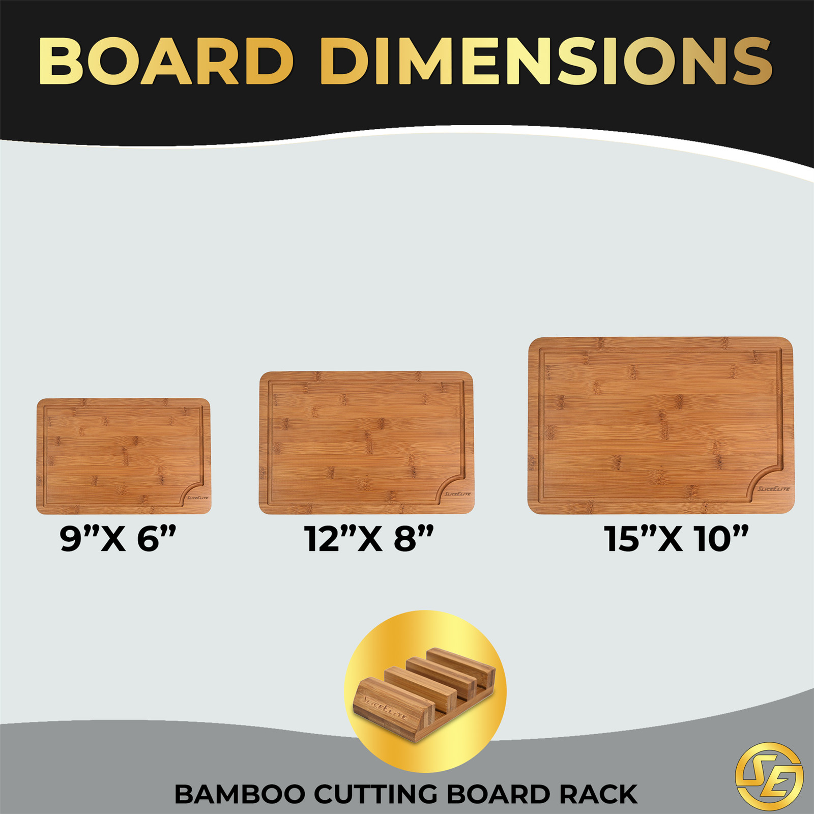 SliceElite Rich Brown Carbonized Bamboo Cutting Board Set 3 Piece with Stand