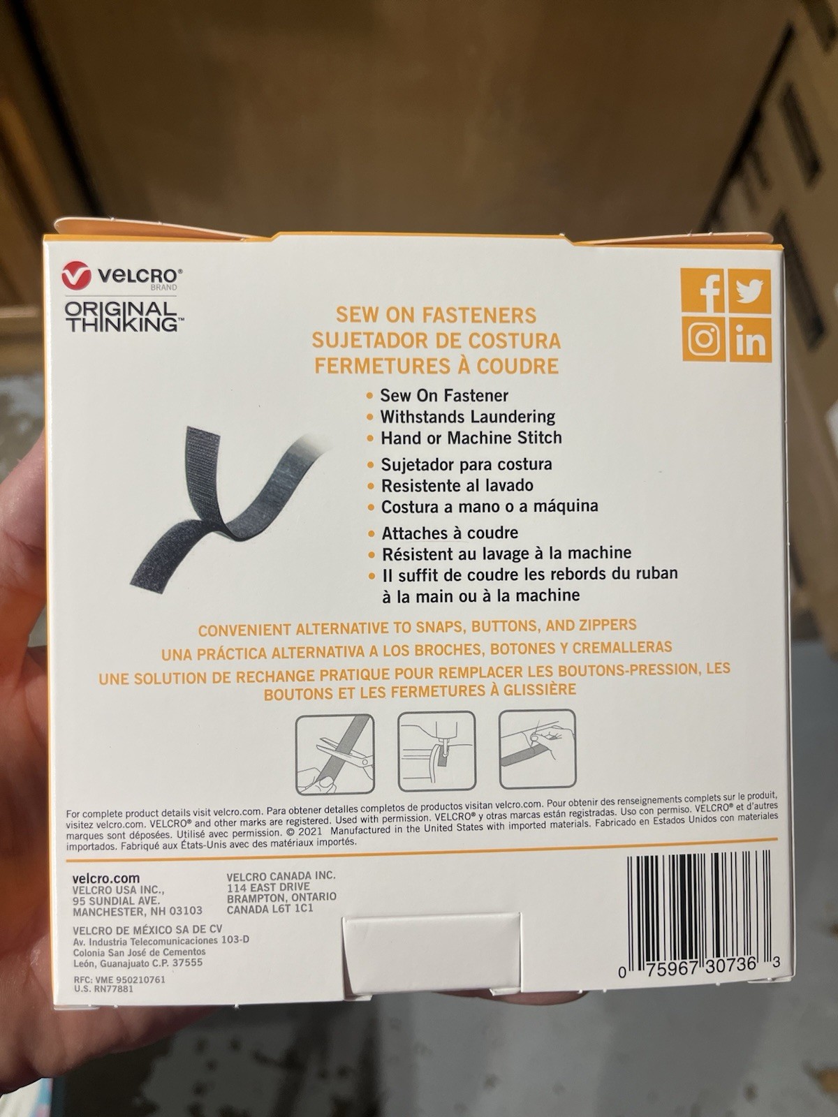 Velcro Brand Sew On Fasteners, Black, 1 Roll, 15 Ft X 3/4 In