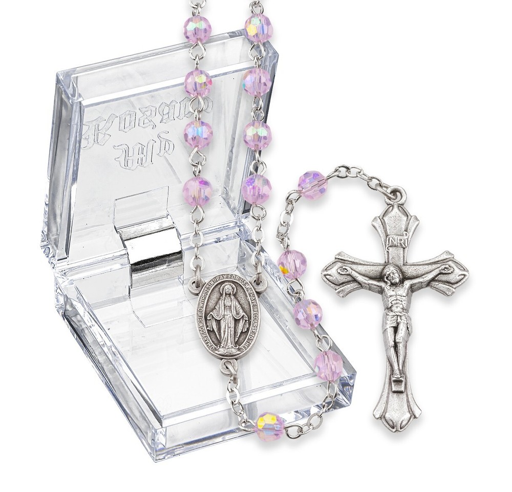 Rose October Birthstone Rosary, 20", Made in Italy, Lucite Box