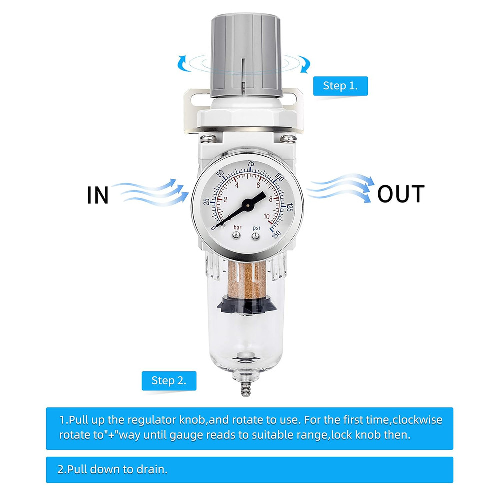 1/4"NPT Compressed Air Filter Regulator Combo Air Compressor Water Separator