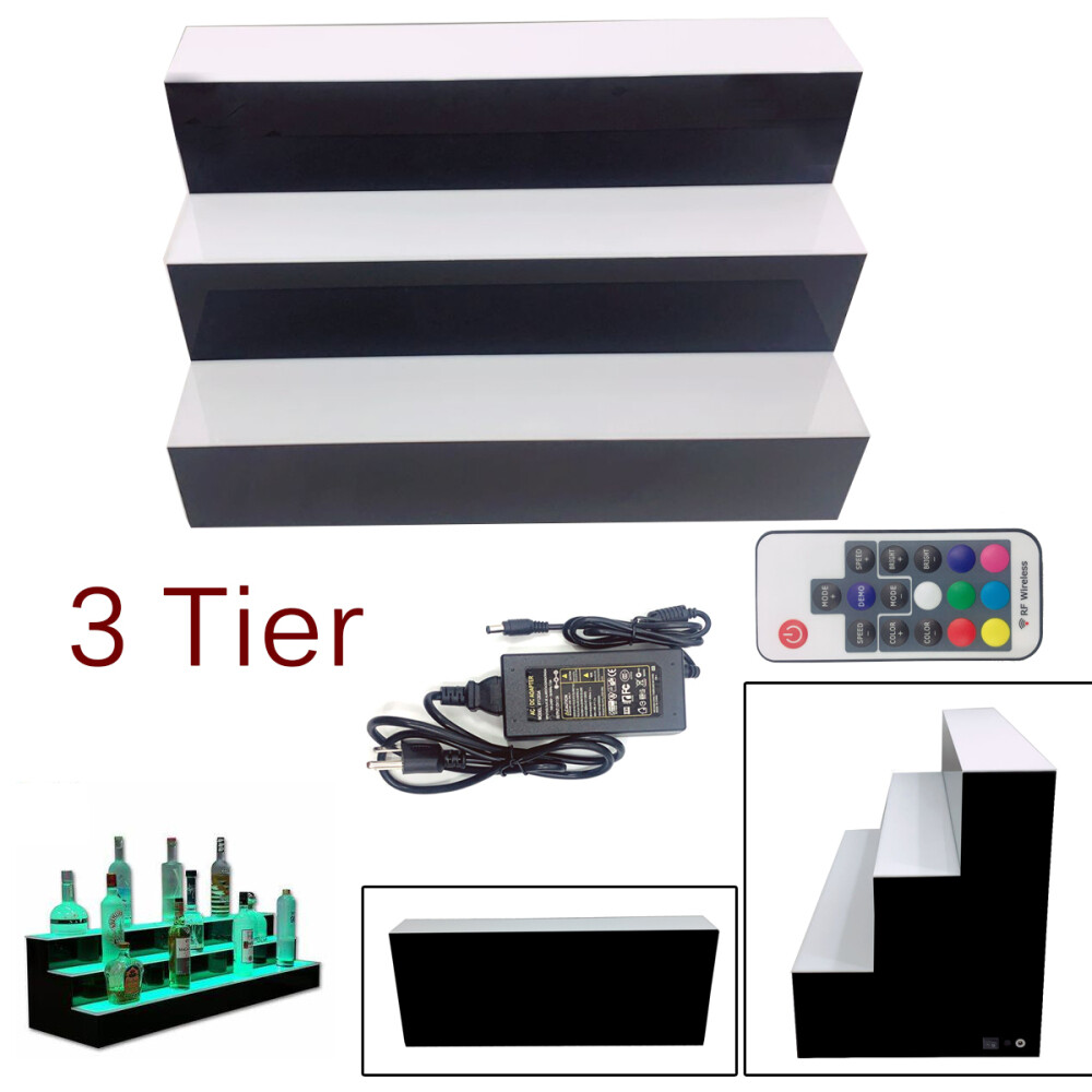 24" 3 Tier Step - RGB LED Lighted Back Bar Liquor Bottle Shelf Display Stand NEW