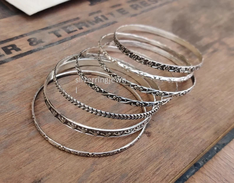 Handmade Sterling Silver Bangle Set: Stackable Designer Woman Gift Bangles Si88