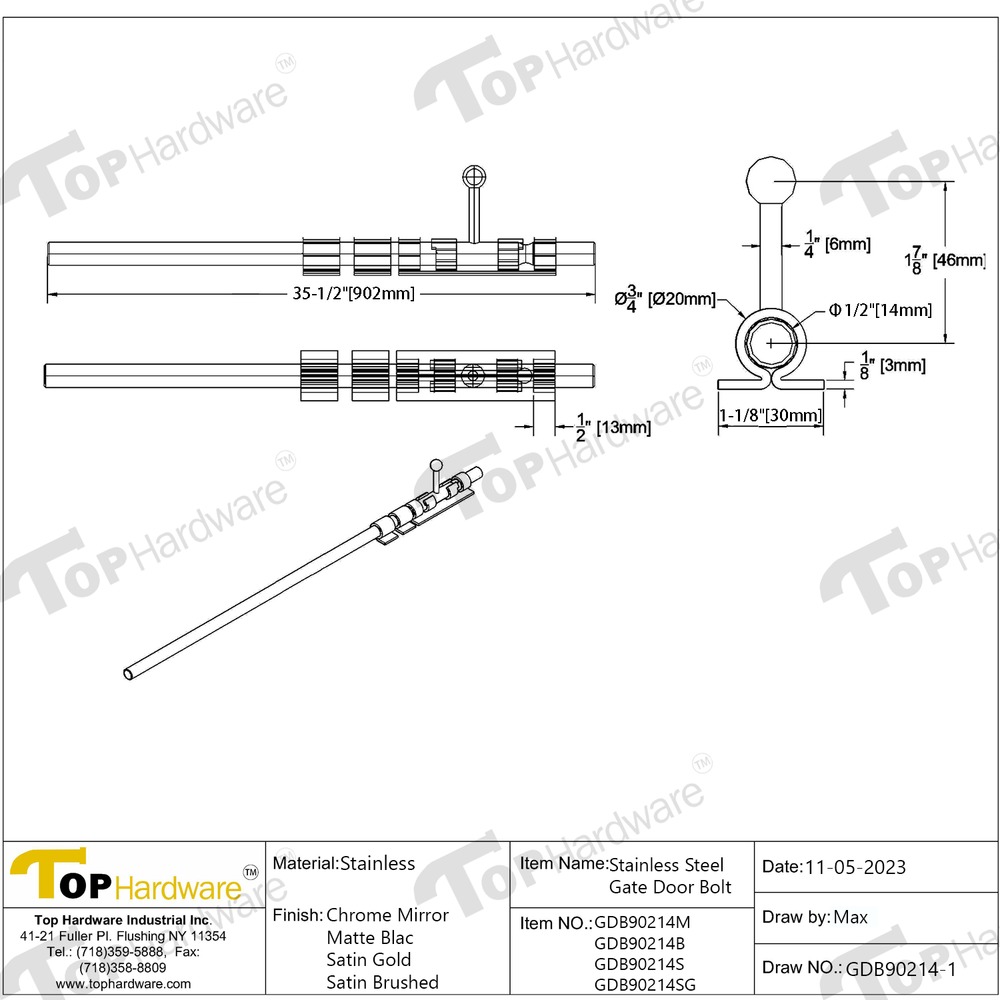 Stainless Steel 35-1/2"(902mm) Long Gate Door Bolt-Dia Solid Bar Bolt Patch Lock