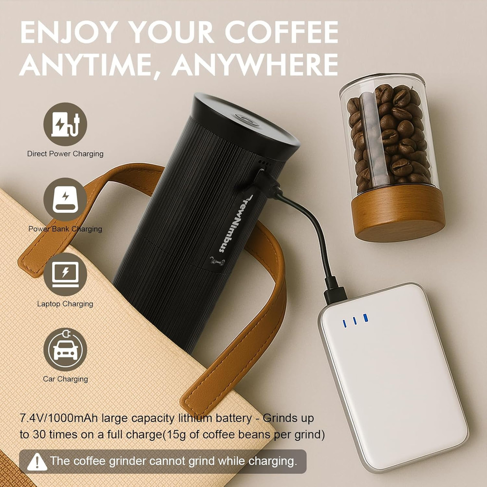 Rechargeable Portable Electric Coffee Grinder with Adjustable Settings - Black