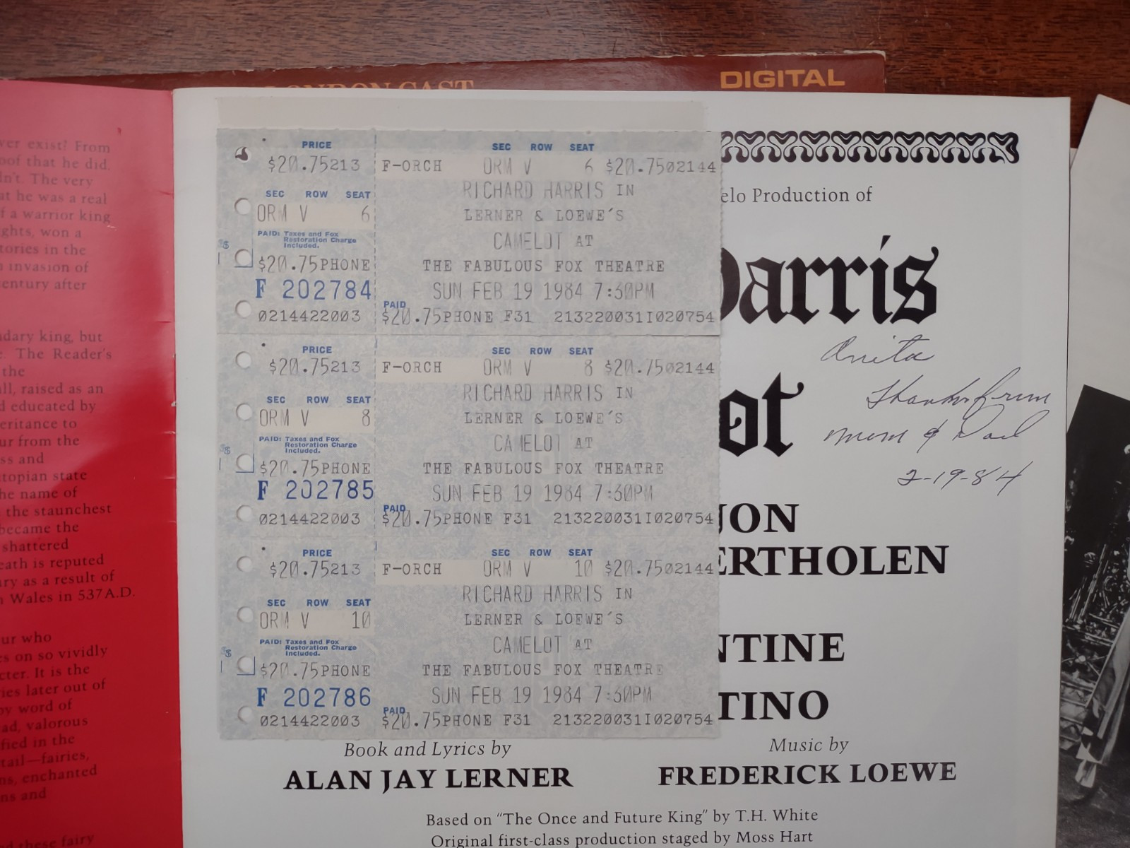 1983 CAMELOT Programs, Ticket Stubs & LP Record - Richard Harris Atlanta Fox